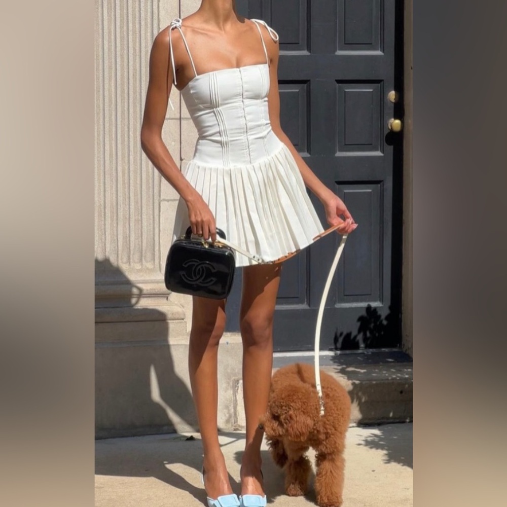 White Corset Pleated Dress with tie straps - size XXS
